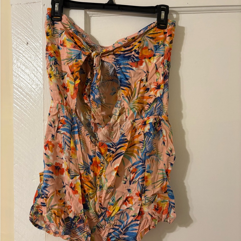Pink Tropical Floral Romper with Open Back Tie - Picture 2 of 3